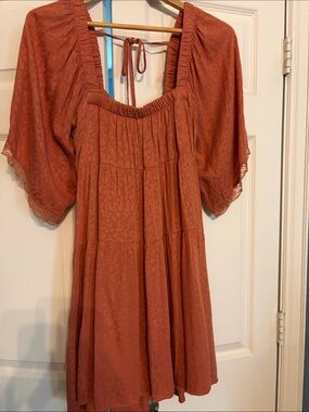 Womens Mini Dress - Rust Tie-Back Square Neck